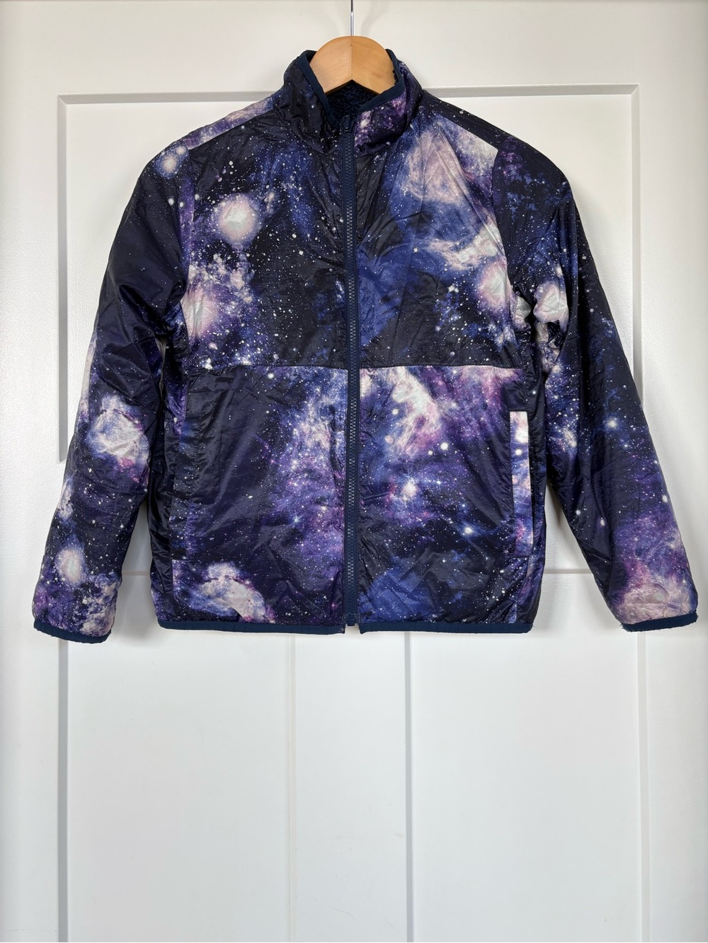 Lands End Girls Reversible Galaxy Puffer Jacket - Purple/Black Size 10/12